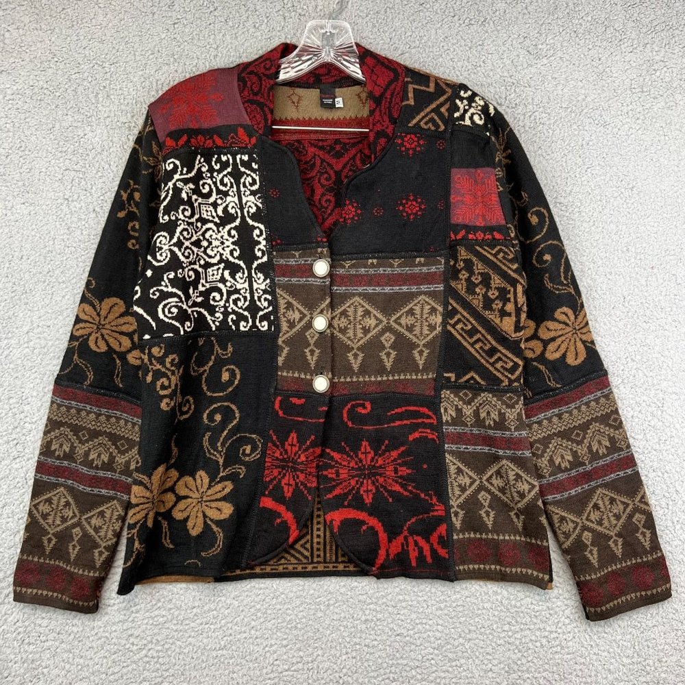 Tey-Art Peruvian Hand Made Alpaca Floral Intarsia Cardigan size M‎